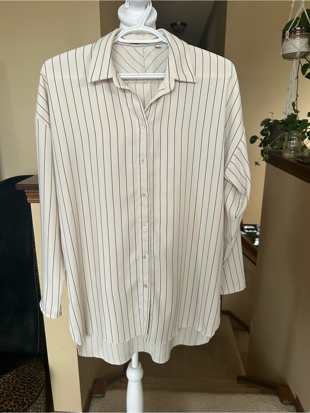 Babaton Long Cream Button-Down Shirt with Thin Black Stripes